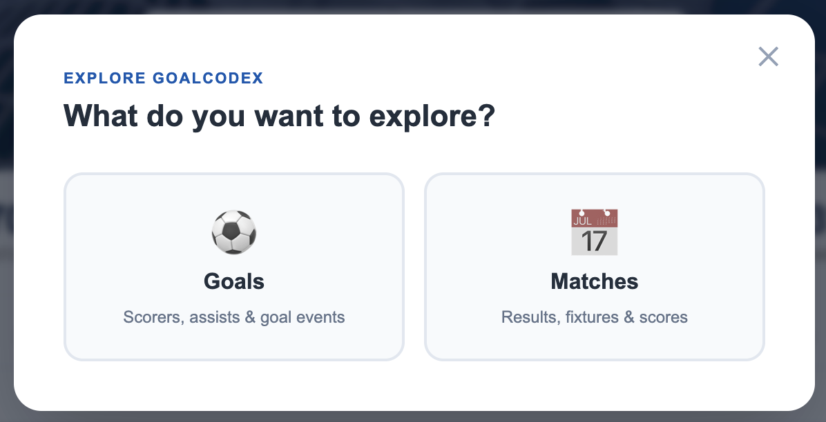 Wizard step 1 showing Goals and Matches options