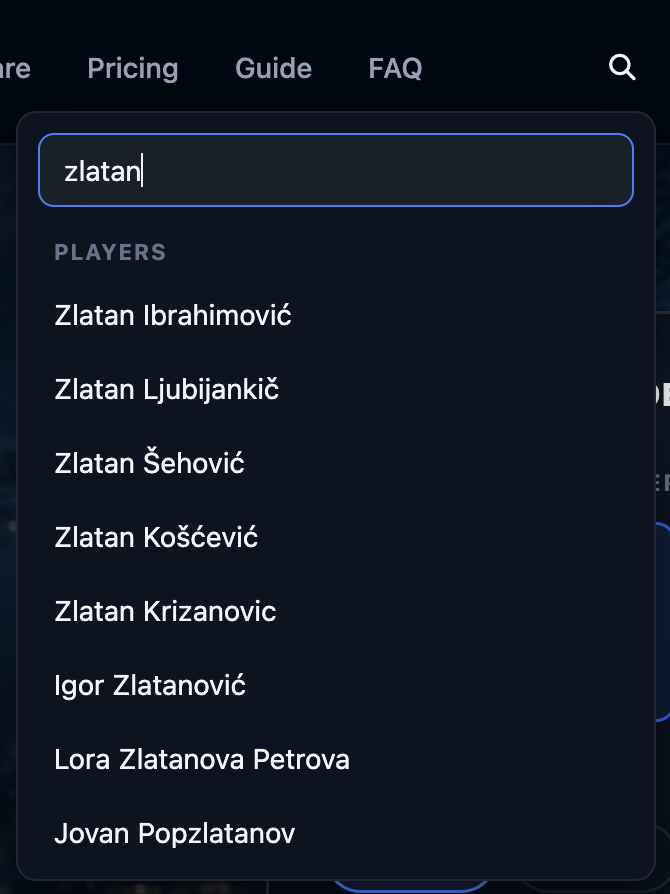 Search dropdown for 'zlatan' showing matching player results