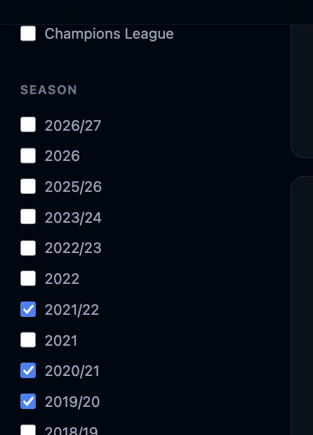 Season filter list with 2021/22, 2020/21, and 2019/20 all ticked