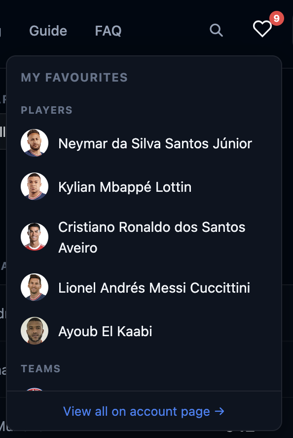 Favourites panel showing saved players with photos